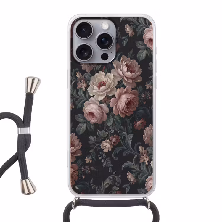 Bloemen - Patroon - Sierlijk - Roze - Donker Hoesje iPhone 16 Pro Max met koord klein -3d