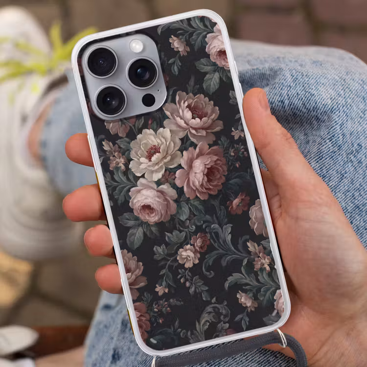 Bloemen - Patroon - Sierlijk - Roze - Donker Hoesje iPhone 16 Pro Max met koord klein -sfeer3