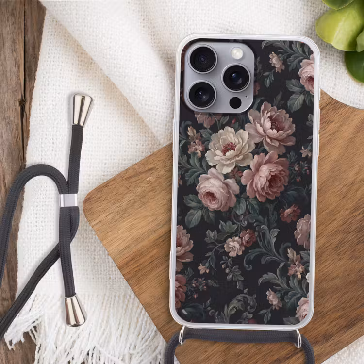 Bloemen - Patroon - Sierlijk - Roze - Donker Hoesje iPhone 16 Pro Max met koord klein -sfeer4