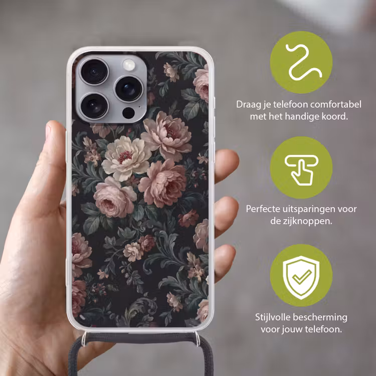 Bloemen - Patroon - Sierlijk - Roze - Donker Hoesje iPhone 16 Pro Max met koord klein -sfeer2_NL