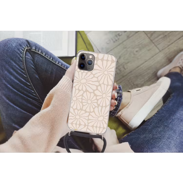 Bloemen - Print - Beige - Bruin - Minimalistisch Hoesje iPhone 12 Pro met koord klein -hand