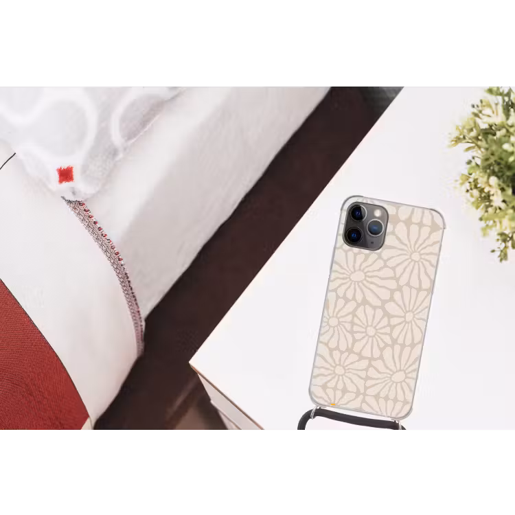 Bloemen - Print - Beige - Bruin - Minimalistisch Hoesje iPhone 12 Pro met koord klein -kamer
