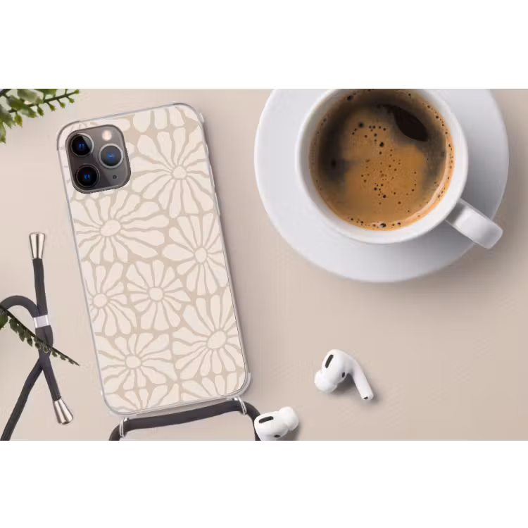 Bloemen - Print - Beige - Bruin - Minimalistisch Hoesje iPhone 12 Pro met koord klein -oordop