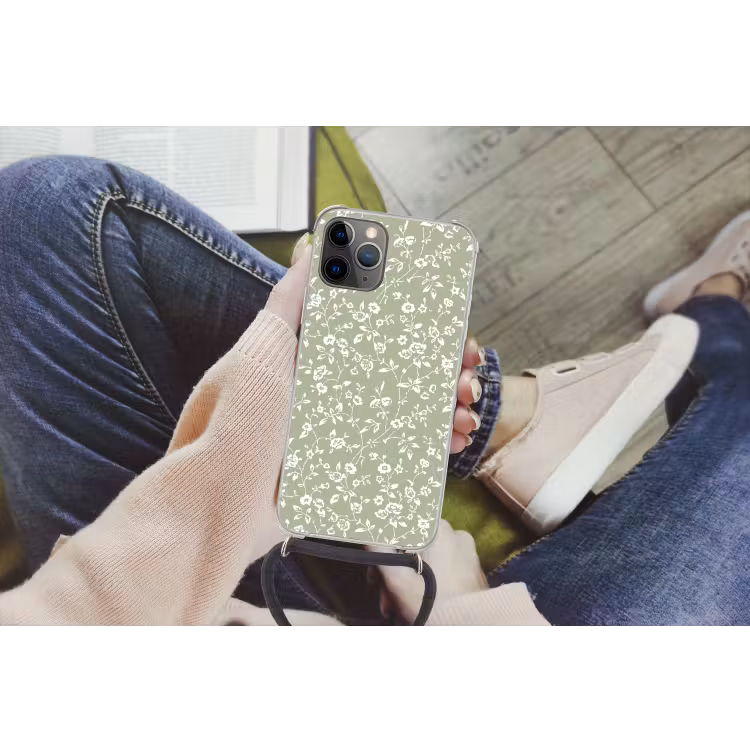 Bloemen - Print - Groen - Wit Hoesje iPhone 12 Pro met koord klein -hand