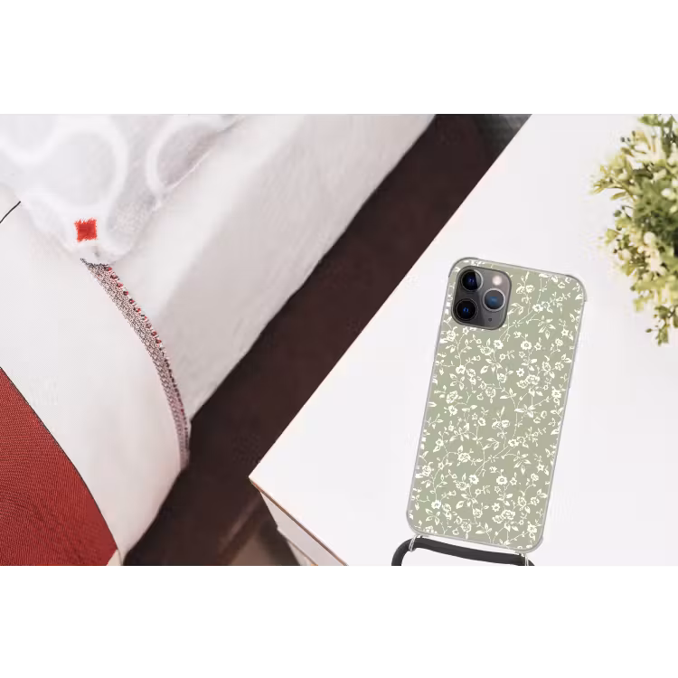 Bloemen - Print - Groen - Wit Hoesje iPhone 12 Pro met koord klein -kamer
