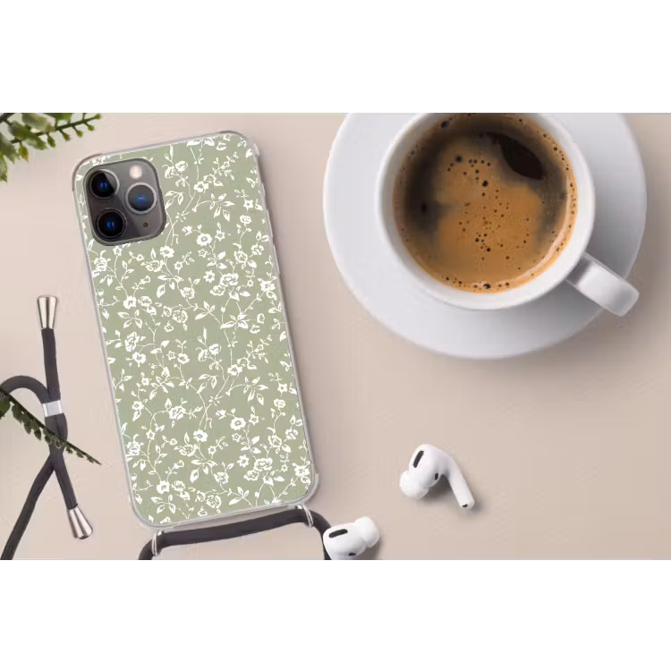 Bloemen - Print - Groen - Wit Hoesje iPhone 12 Pro met koord klein -oordop