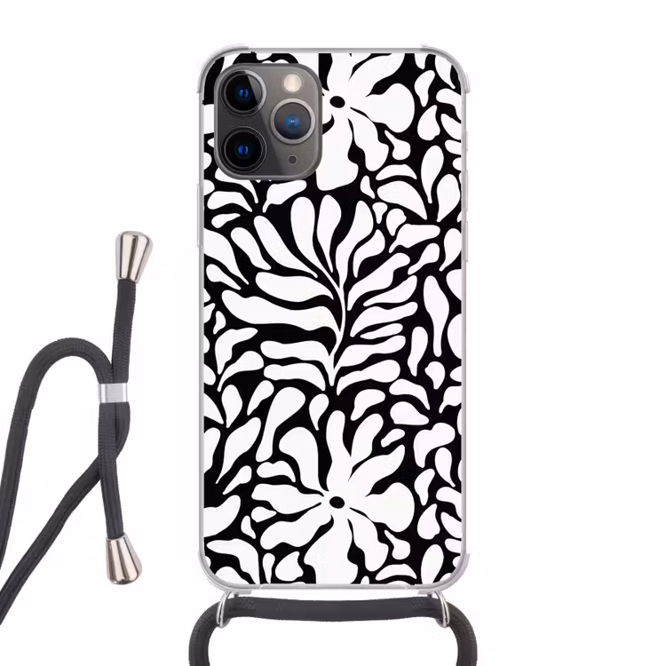 Bloemen print - Zwart - Wit - Bladeren Hoesje iPhone 12 Pro met koord klein -3d