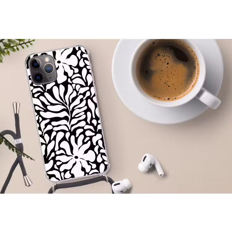 Bloemen print - Zwart - Wit - Bladeren Hoesje iPhone 12 Pro met koord klein -oordop