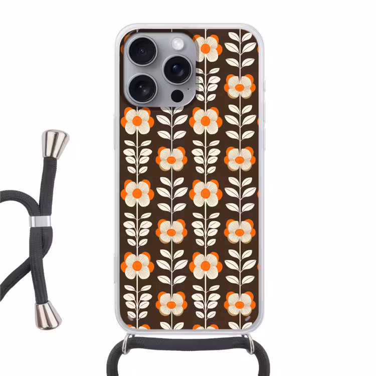 Bloemen - Retro - Bruin Hoesje iPhone 16 Pro Max met koord klein 804 -3d