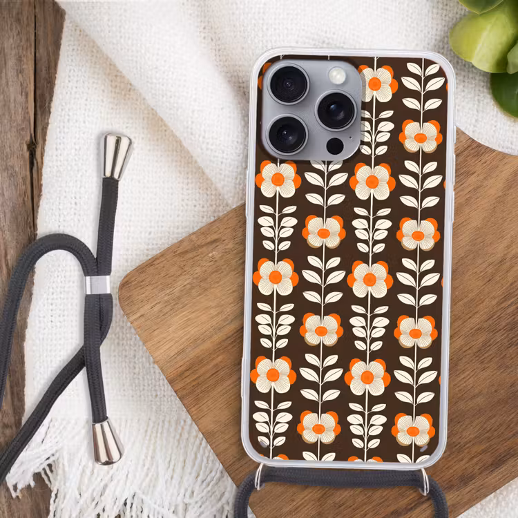 Bloemen - Retro - Bruin Hoesje iPhone 16 Pro Max met koord klein 804 -sfeer4
