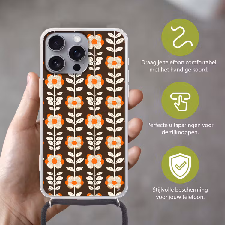 Bloemen - Retro - Bruin Hoesje iPhone 16 Pro Max met koord klein 804 -sfeer2_NL