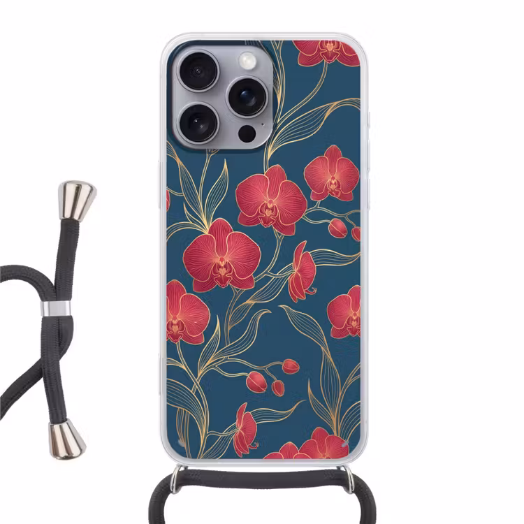 Telefoonhoesje met koord - Bloemen - Rood - Goud - Bloemen - Rood - Goud Hoesje iPhone 16 Pro Max met koord klein