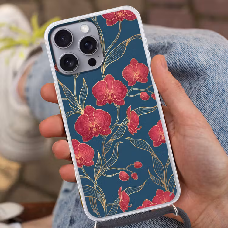 Telefoonhoesje met koord - Bloemen - Rood - Goud - Bloemen - Rood - Goud Hoesje iPhone 16 Pro Max met koord klein