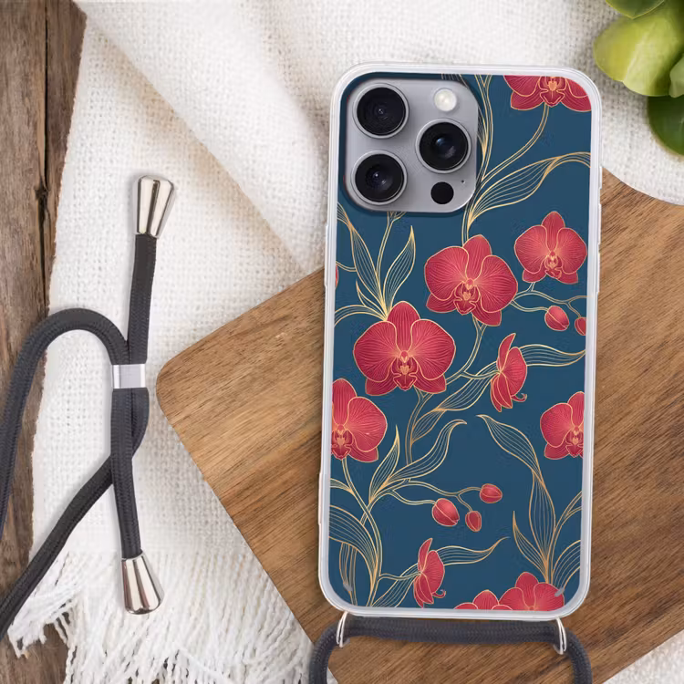 Telefoonhoesje met koord - Bloemen - Rood - Goud - Bloemen - Rood - Goud Hoesje iPhone 16 Pro Max met koord klein