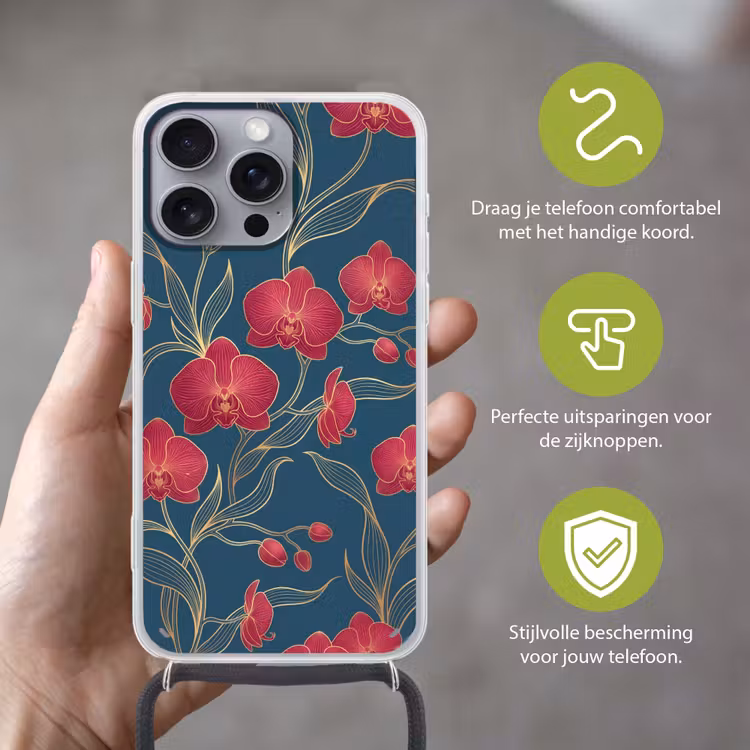 Telefoonhoesje met koord - Bloemen - Rood - Goud - Bloemen - Rood - Goud Hoesje iPhone 16 Pro Max met koord klein