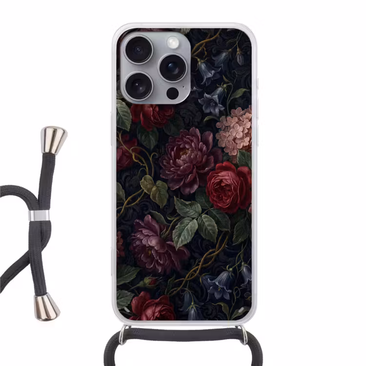 Bloemen - Rood - Klassiek - Donker - Patroon Hoesje iPhone 16 Pro Max met koord klein -3d