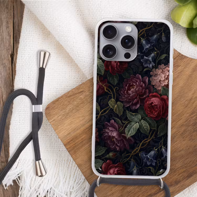 Bloemen - Rood - Klassiek - Donker - Patroon Hoesje iPhone 16 Pro Max met koord klein -sfeer4