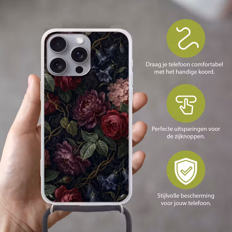 Bloemen - Rood - Klassiek - Donker - Patroon Hoesje iPhone 16 Pro Max met koord klein -sfeer2_NL