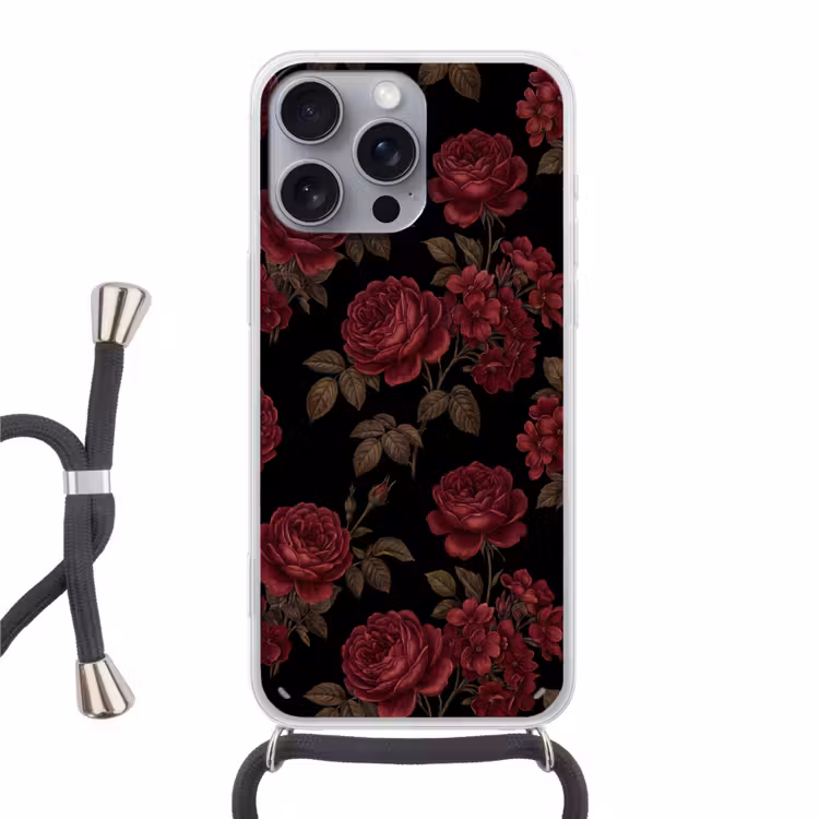 Bloemen - Roos - Patroon - Klassiek - Rood Hoesje iPhone 16 Pro Max met koord klein -3d