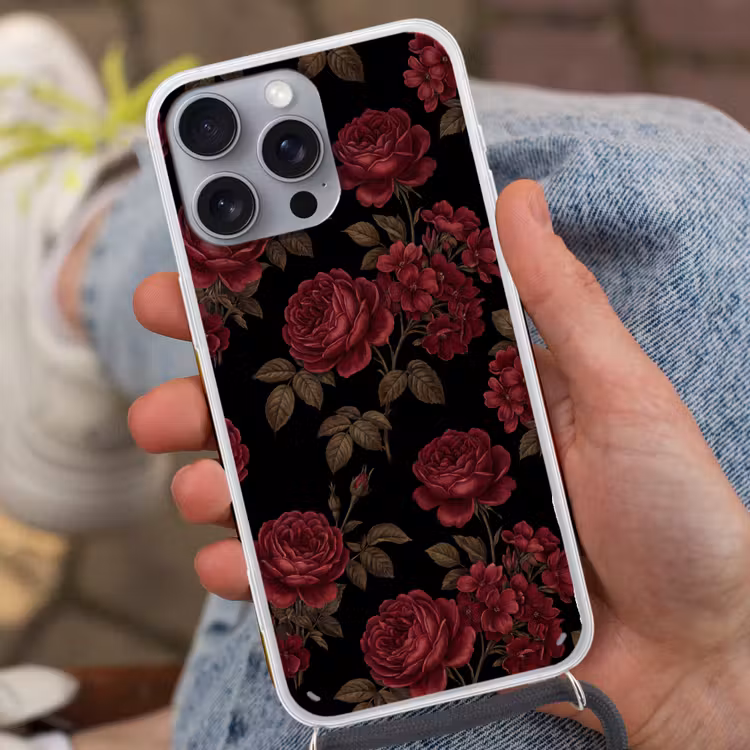 Bloemen - Roos - Patroon - Klassiek - Rood Hoesje iPhone 16 Pro Max met koord klein -sfeer3