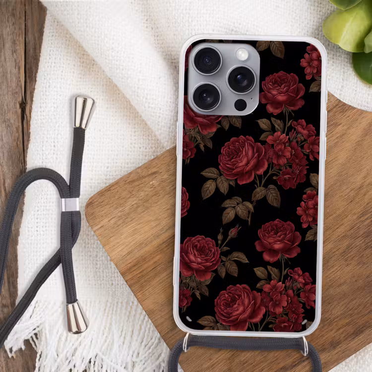 Bloemen - Roos - Patroon - Klassiek - Rood Hoesje iPhone 16 Pro Max met koord klein -sfeer4