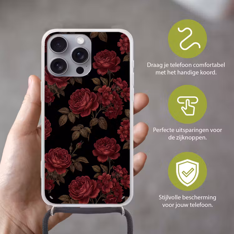 Bloemen - Roos - Patroon - Klassiek - Rood Hoesje iPhone 16 Pro Max met koord klein -sfeer2_NL