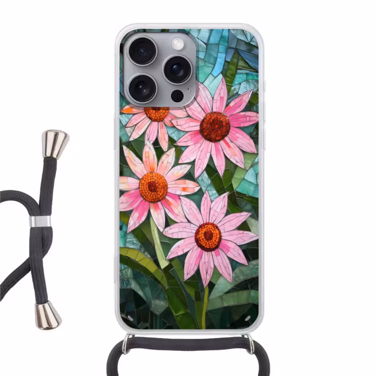 Bloemen - Roze - Glasmozaïek Hoesje iPhone 16 Pro Max met koord klein -3d