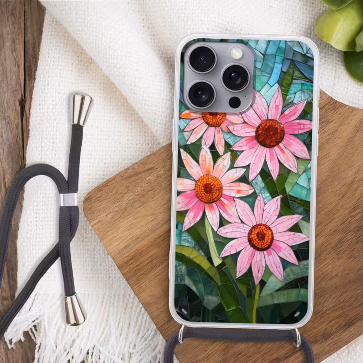 Bloemen - Roze - Glasmozaïek Hoesje iPhone 16 Pro Max met koord klein -sfeer4