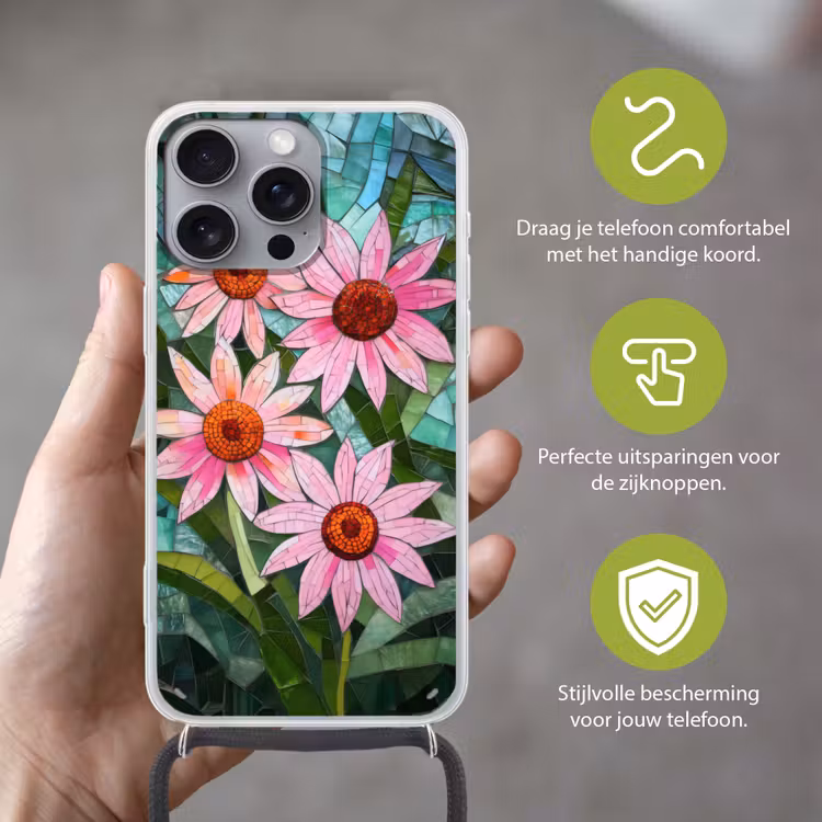 Bloemen - Roze - Glasmozaïek Hoesje iPhone 16 Pro Max met koord klein -sfeer2_NL