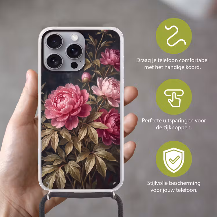 Bloemen - Roze - Klassiek - Natuur Hoesje iPhone 16 Pro Max met koord klein -sfeer2_NL