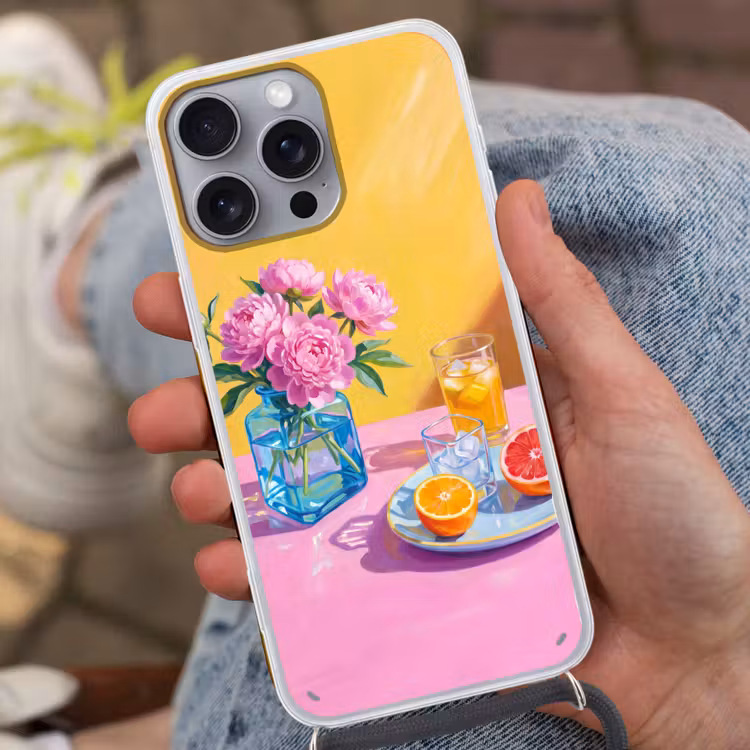 Telefoonhoesje met koord - Bloemen - Roze - Modern - Bloemen - Roze - Modern Hoesje iPhone 16 Pro Max met koord klein