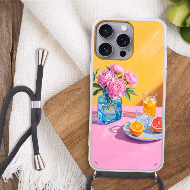 Telefoonhoesje met koord - Bloemen - Roze - Modern - Bloemen - Roze - Modern Hoesje iPhone 16 Pro Max met koord klein