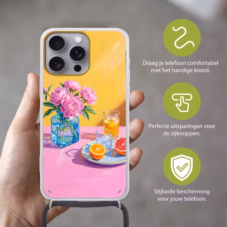Telefoonhoesje met koord - Bloemen - Roze - Modern - Bloemen - Roze - Modern Hoesje iPhone 16 Pro Max met koord klein