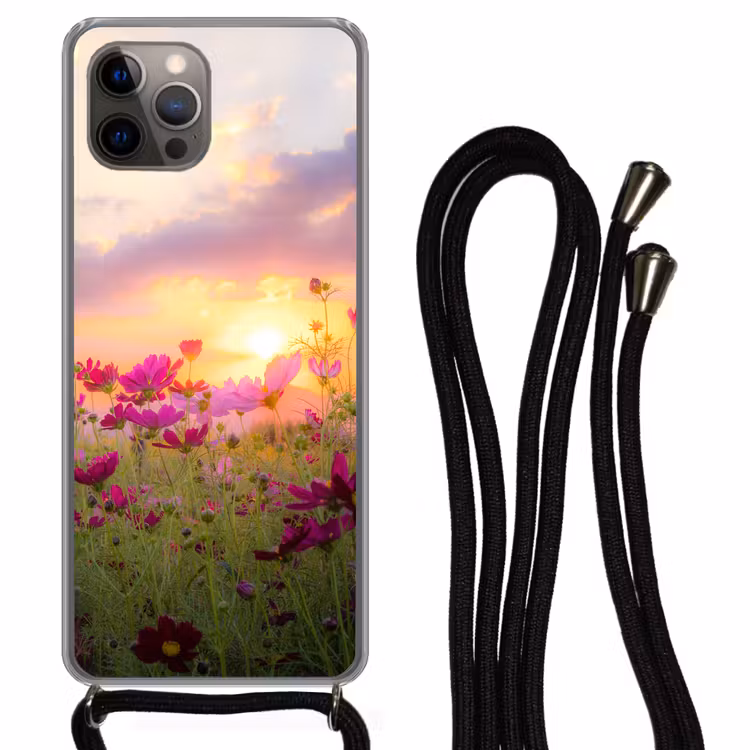Bloemen - Roze - Zonsondergang Hoesje iPhone 12 Pro met koord klein -3d