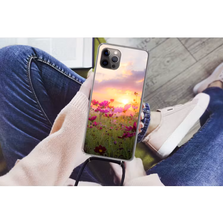 Bloemen - Roze - Zonsondergang Hoesje iPhone 12 Pro met koord klein -hand
