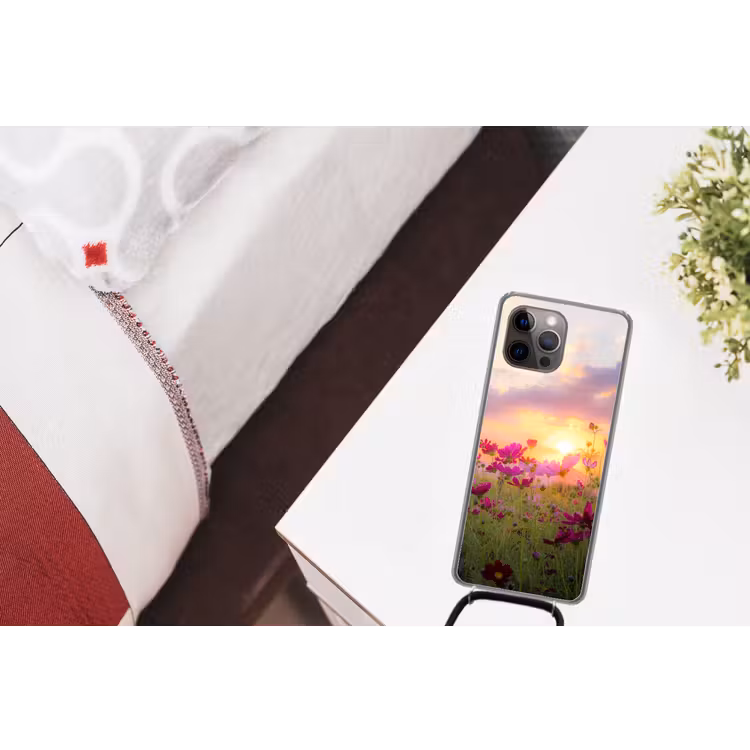 Bloemen - Roze - Zonsondergang Hoesje iPhone 12 Pro met koord klein -kamer