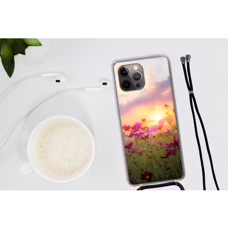 Bloemen - Roze - Zonsondergang Hoesje iPhone 12 Pro met koord klein -oordop