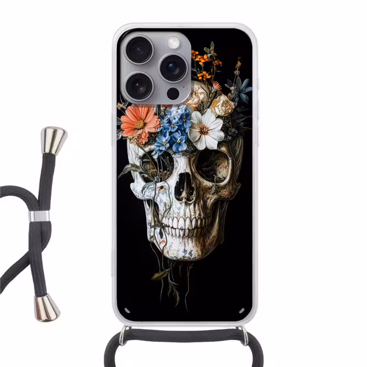 Bloemen - Schedel - Kleurrijk Hoesje iPhone 16 Pro Max met koord klein -3d