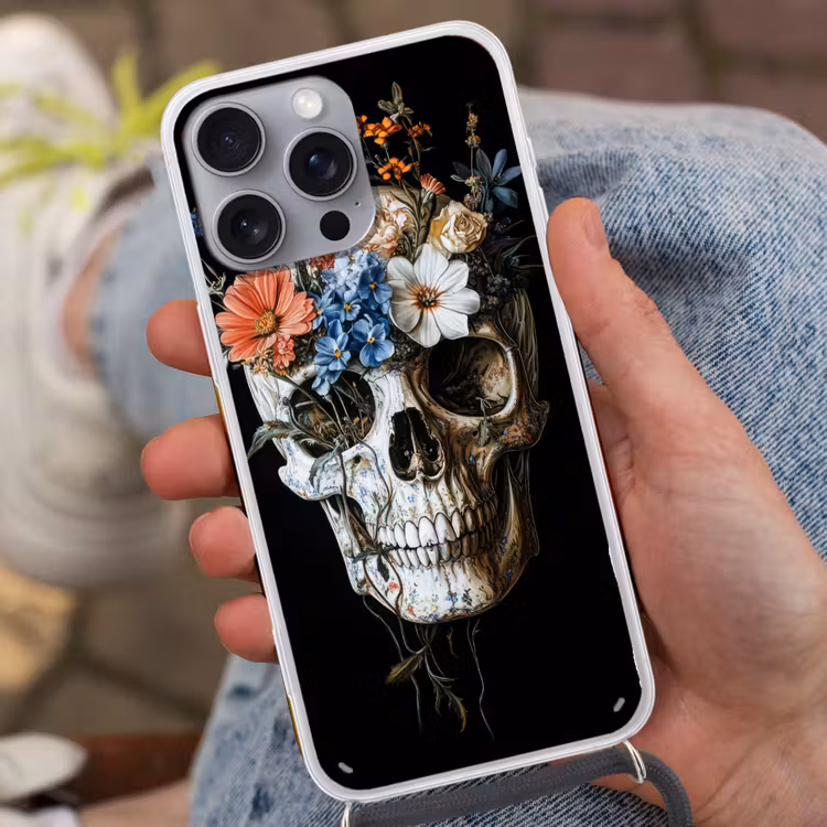 Bloemen - Schedel - Kleurrijk Hoesje iPhone 16 Pro Max met koord klein -sfeer3