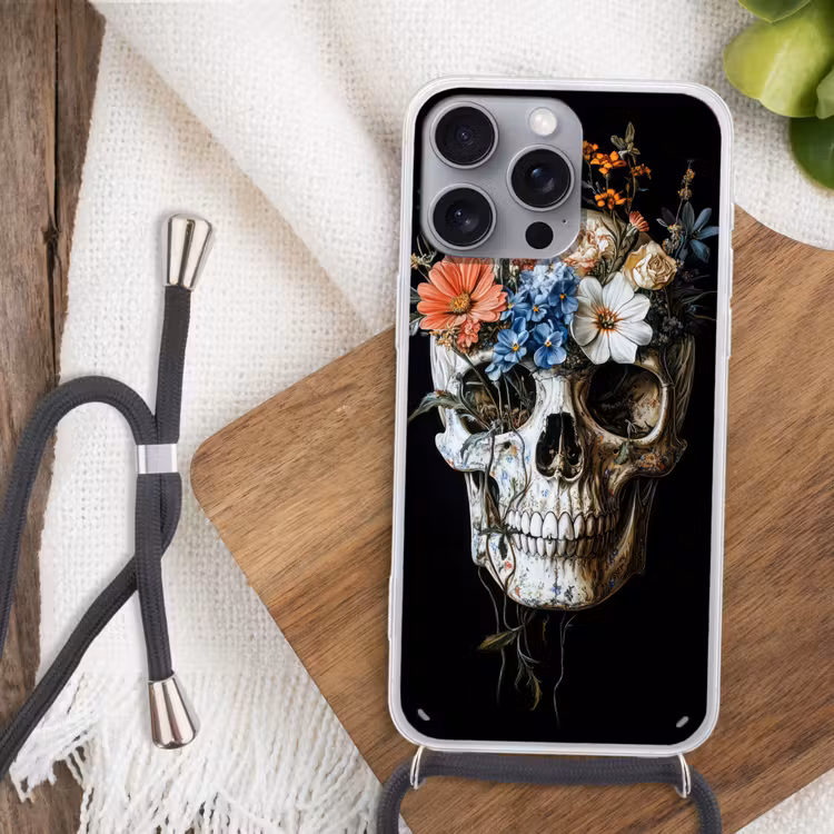 Bloemen - Schedel - Kleurrijk Hoesje iPhone 16 Pro Max met koord klein -sfeer4