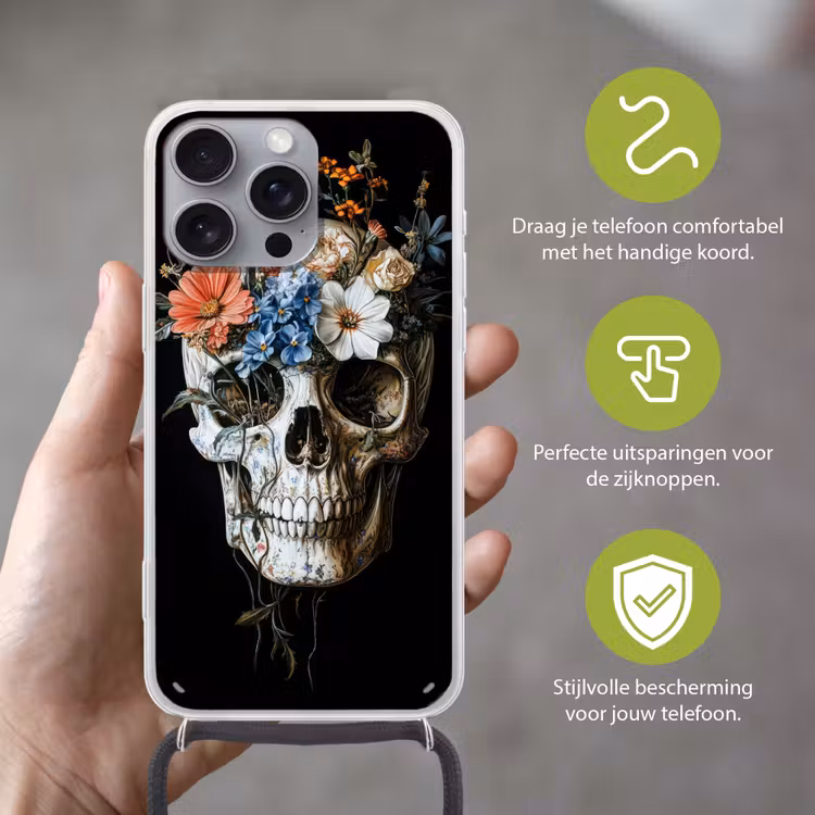 Bloemen - Schedel - Kleurrijk Hoesje iPhone 16 Pro Max met koord klein -sfeer2_NL
