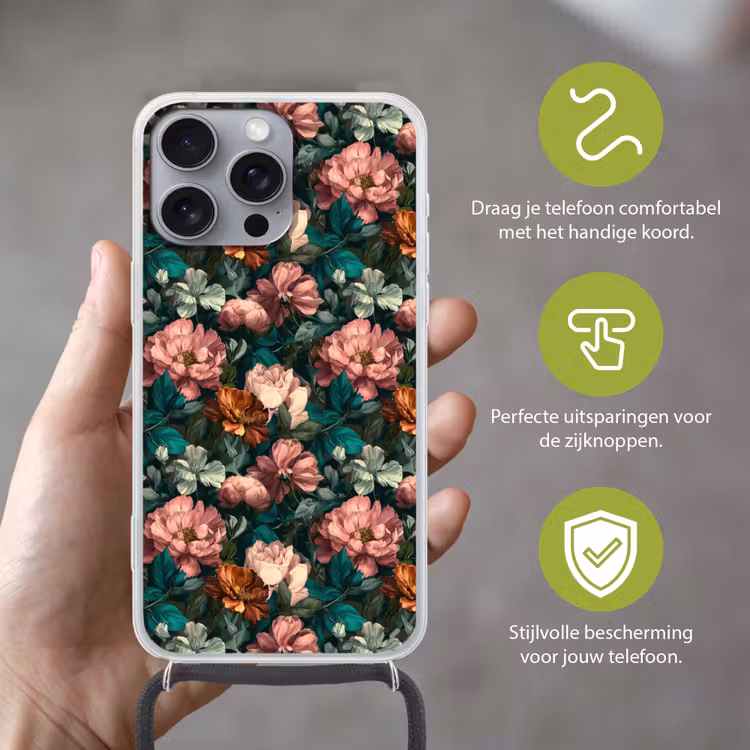 Bloemen - Schilderachtig - Patroon - Roze Hoesje iPhone 16 Pro Max met koord klein 804 -sfeer2_NL