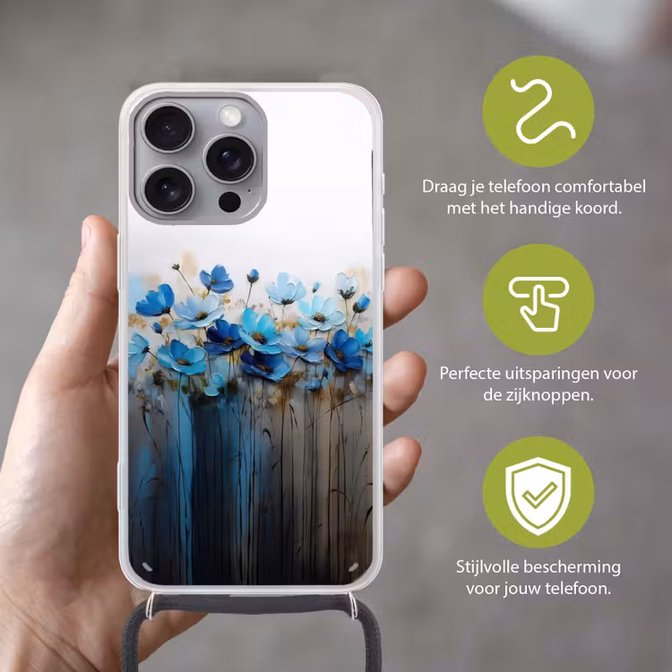 Bloemen - Schilderij - Blauw Hoesje iPhone 16 Pro Max met koord klein -sfeer2_NL