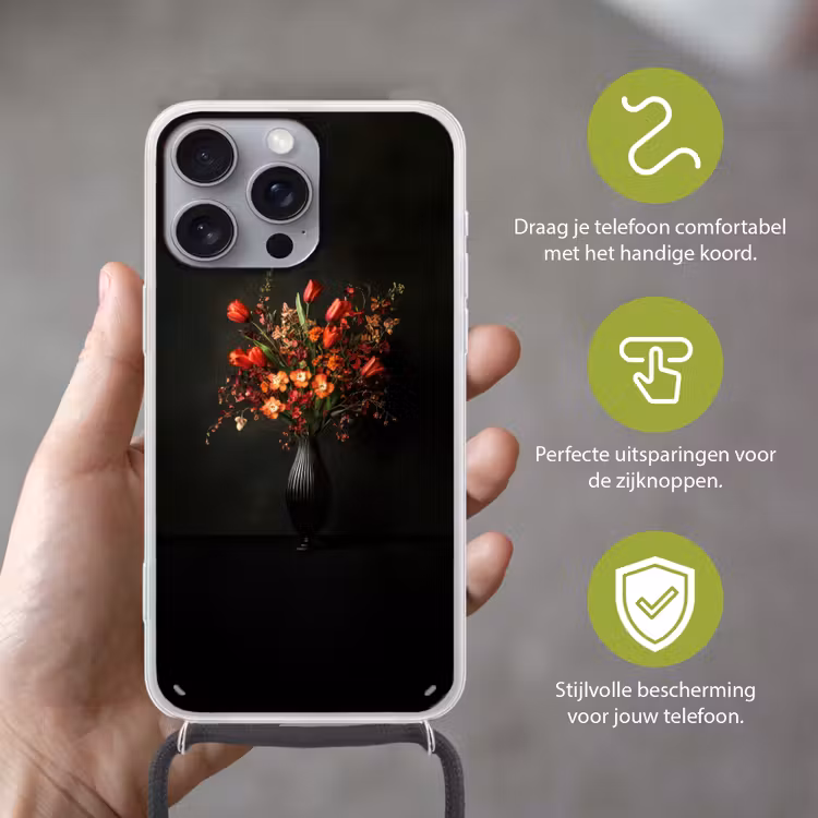 Bloemen - Takken - Boeket Hoesje iPhone 16 Pro Max met koord klein -sfeer2_NL