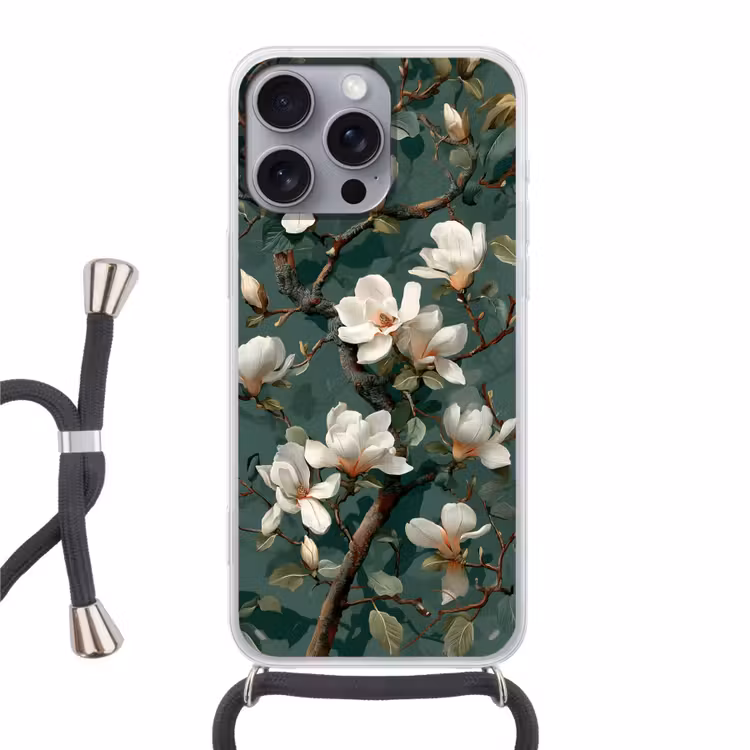 Bloemen - Takken - Wit - Klassiek Hoesje iPhone 16 Pro Max met koord klein -3d