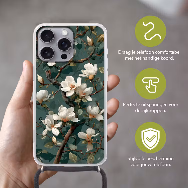 Bloemen - Takken - Wit - Klassiek Hoesje iPhone 16 Pro Max met koord klein -sfeer2_NL