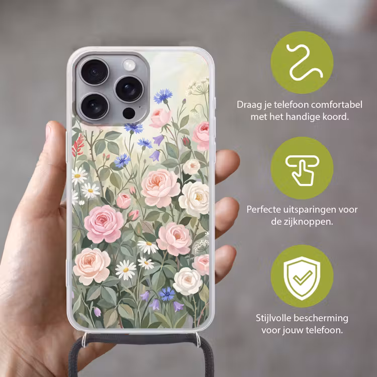Bloemen - Tuin - Natuur - Kleurrijk Hoesje iPhone 16 Pro Max met koord klein -sfeer2_NL