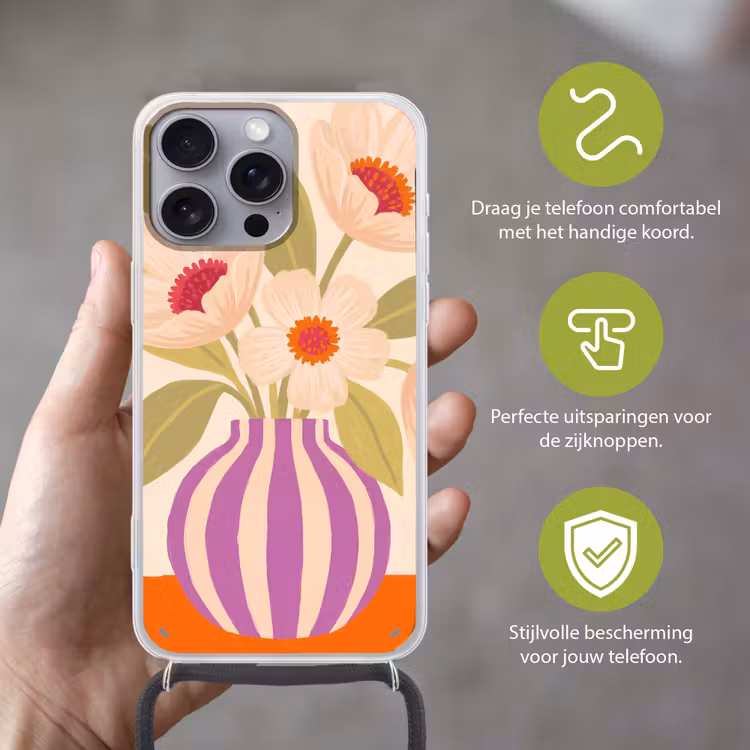 Bloemen - Vaas - Abstract - Paars - Oranje Hoesje iPhone 16 Pro Max met koord klein -sfeer2_NL
