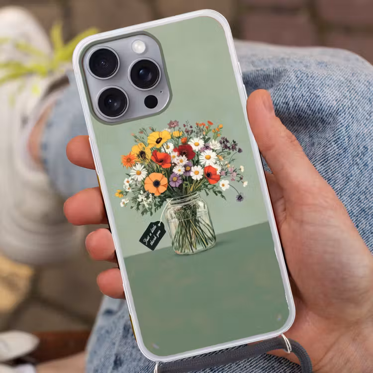 Bloemen - Vaas - Kaartje Hoesje iPhone 16 Pro Max met koord klein -sfeer3