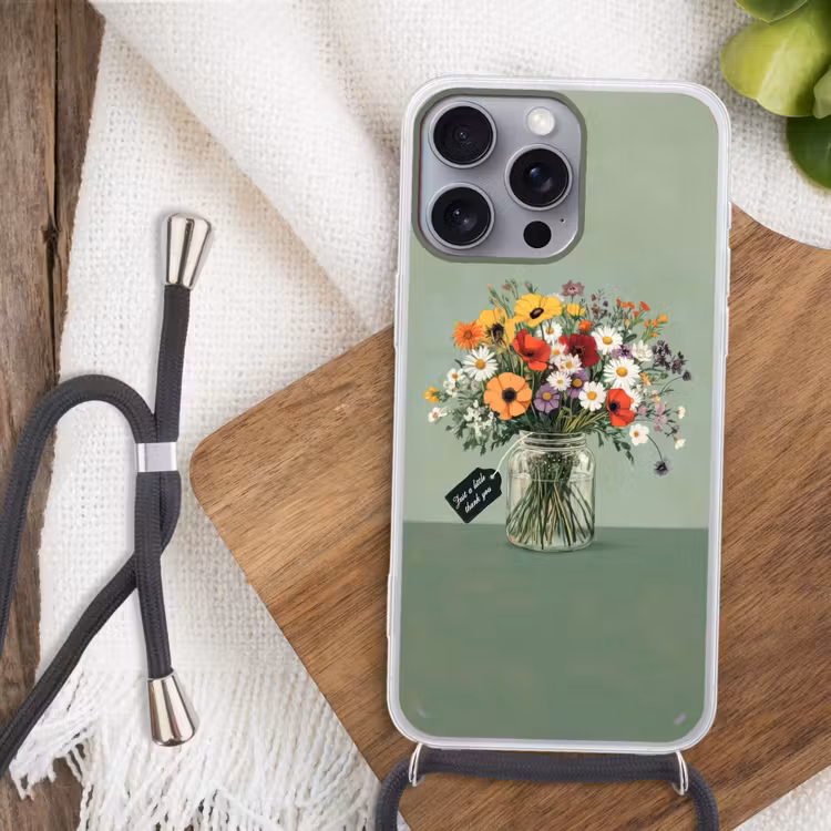 Bloemen - Vaas - Kaartje Hoesje iPhone 16 Pro Max met koord klein -sfeer4